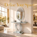 Oval-Shaped Silver Mirrored Console Table and Wall Mirror Set, 2 Piece Mirrored 39.37" Rectangle Sofa Table and 35.43" Crush Diamond Oval Wall Mirror Set for Entryway Hallway Entrance