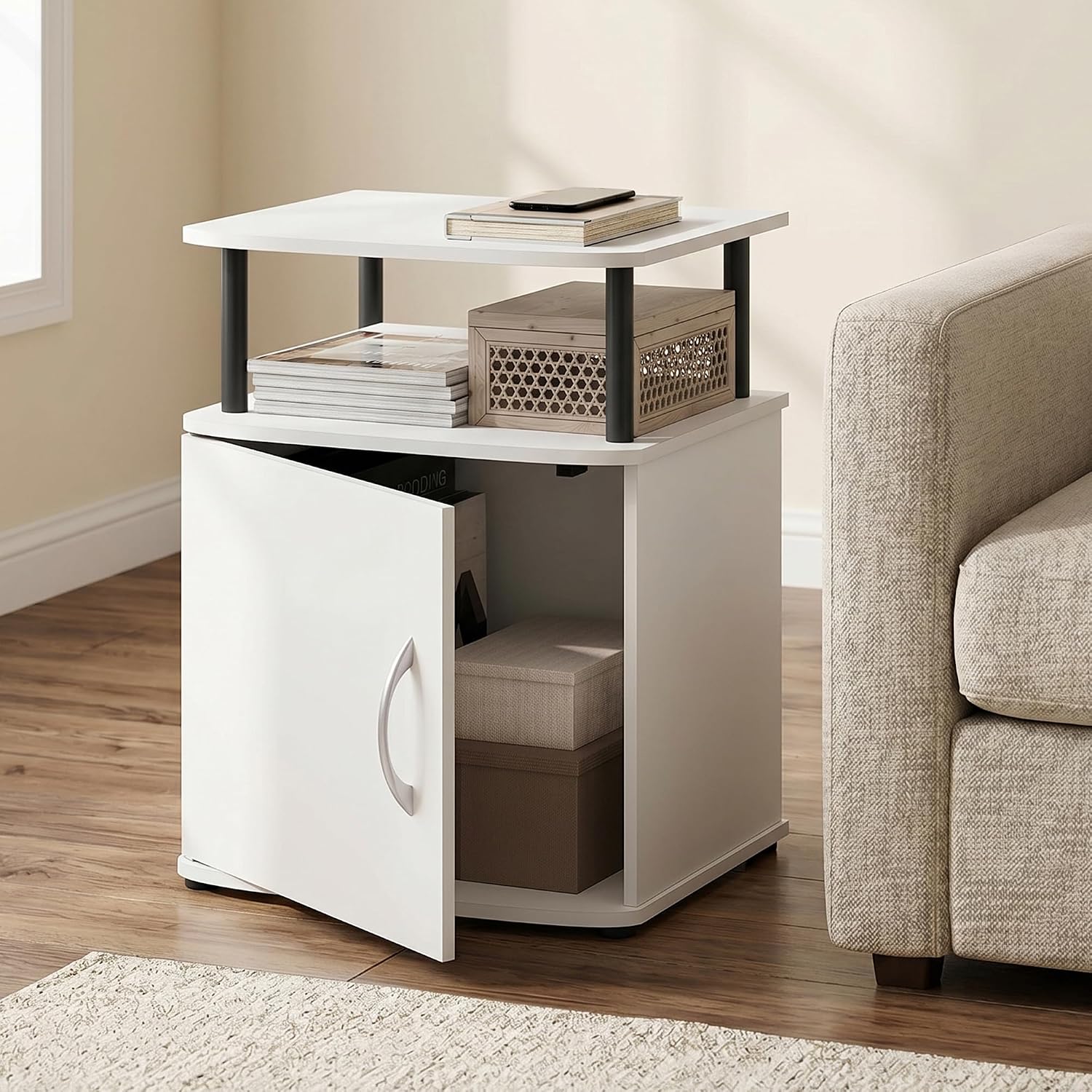 2-Tier Open Shelf Modern End Table with Door Cabinet, Soft-Edges Bedside Table, Side Table, Night Stand, for Bedroom, Living Room, White