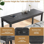 4-Piece Bar Height Table and Chairs with Power Outlet, 59" Counter Height Dining Table Set for 3, High Pub Tables with 3 Linen Upholstered Stools for Kitchen Bar Dining Room (Black RectTable+3Chair)