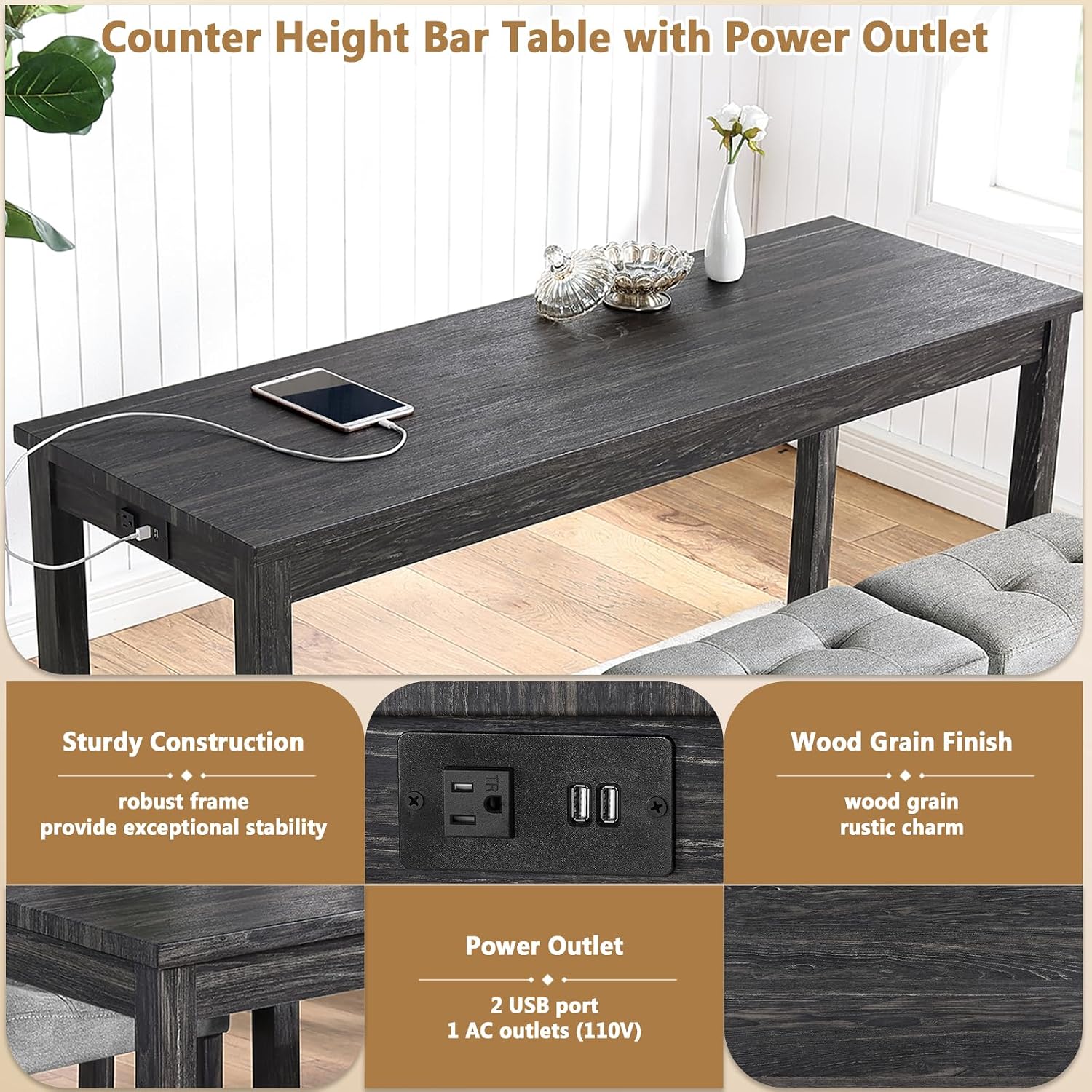 4-Piece Bar Height Table and Chairs with Power Outlet, 59" Counter Height Dining Table Set for 3, High Pub Tables with 3 Linen Upholstered Stools for Kitchen Bar Dining Room (Black RectTable+3Chair)