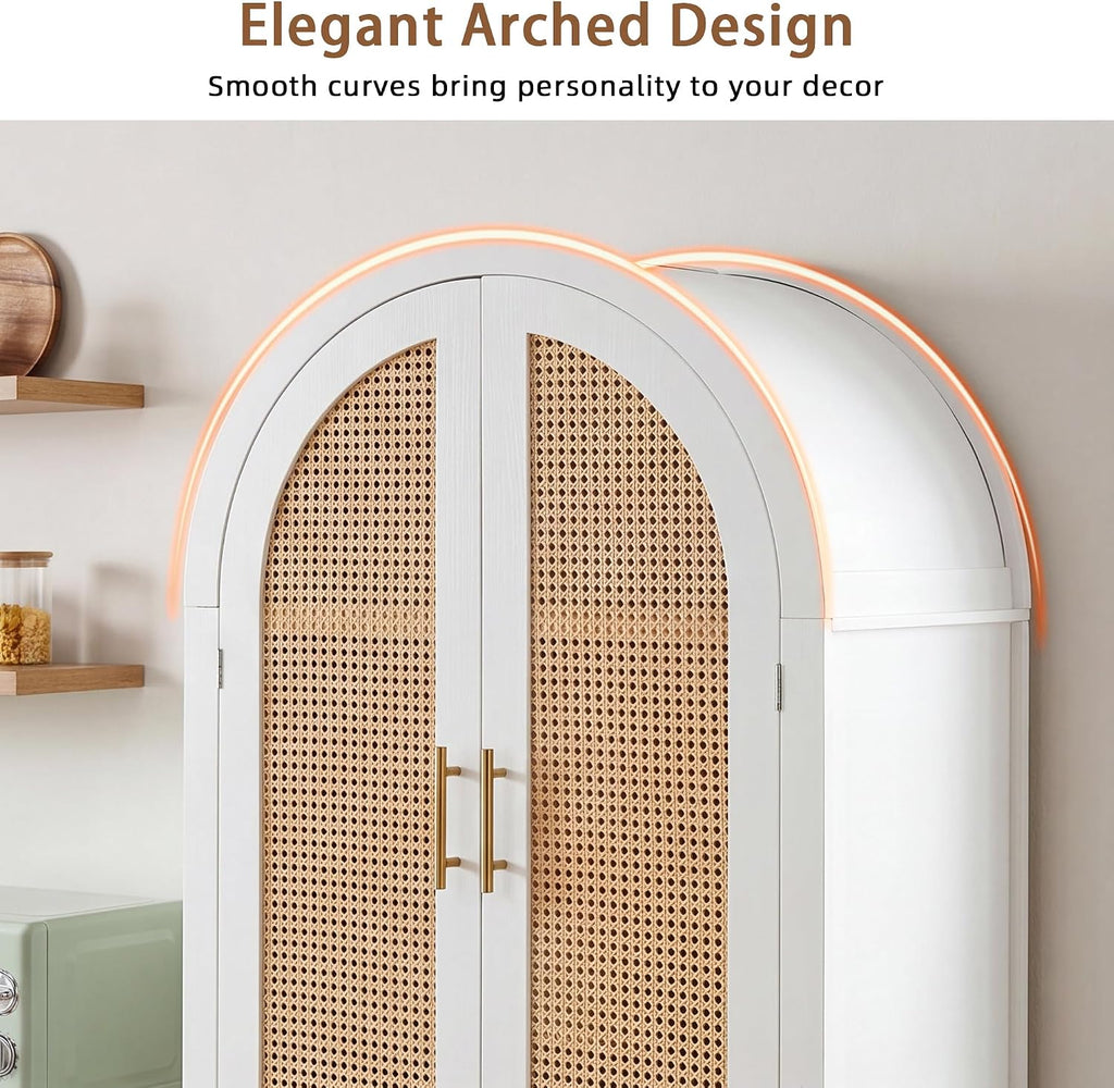 Polibi 71" Tall 4-Door Arched Cabinet, MDF Rattan Door Storage with Adjustable Shelves, Built-in Racks & 4 Support Legs, Farmhouse Pantry Cabinet for Kitchen & Dining Room, White