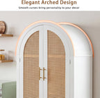 71" Tall Arched Cabinet with Rattan Doors & Adjustable Shelves, White | 4-Door Modern Farmhouse Storage Cabinet with Built-in Racks – Versatile Organizer for Kitchen, Dining Room, Study, Sturdy MDF