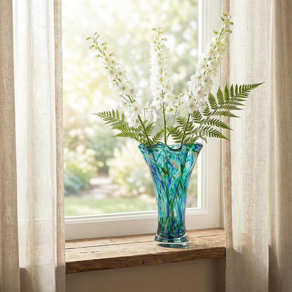 9.0" H Teal Glass Vases for Flowers, Unique Hand Blown Glass Vase Green Home Decor, Wide Mouth Colorful Flower Vase Centerpieces, for Living Room Table Bookshelf, Bathroom Office Shelf Decorative