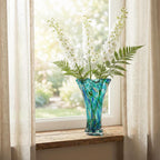 9.0" H Teal Glass Vases for Flowers, Unique Hand Blown Glass Vase Green Home Decor, Wide Mouth Colorful Flower Vase Centerpieces, for Living Room Table Bookshelf, Bathroom Office Shelf Decorative