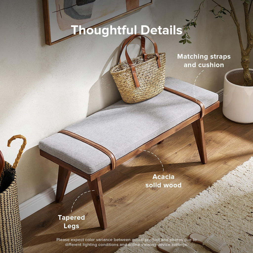 mopio Ted Mid-Century Modern End of Bed Wood Bench, Entryway Shoe Bench with Removable Fabric Cushion for Bedroom, Indoor Dining Room, Hallway, Supported with Acacia Solid Wood Legs Extra Sturdy