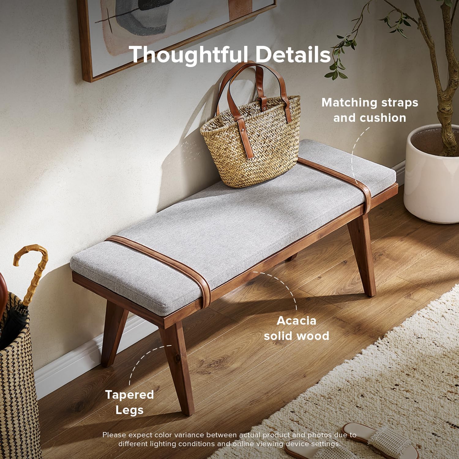 mopio Ted Mid-Century Modern End of Bed Wood Bench, Entryway Shoe Bench with Removable Fabric Cushion for Bedroom, Indoor Dining Room, Hallway, Supported with Acacia Solid Wood Legs Extra Sturdy