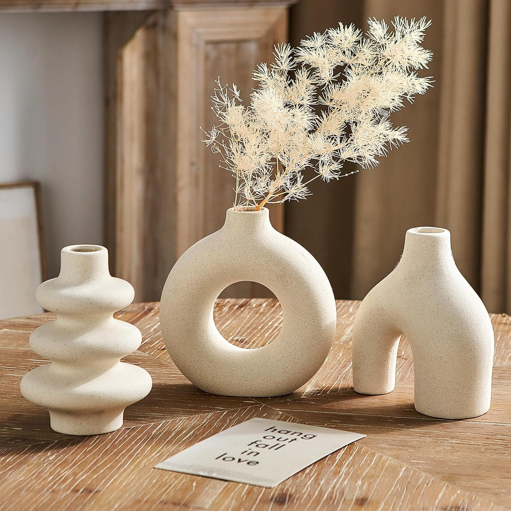 White Ceramic Vase Set of 3, Modern Boho Vases for Home Decor, Small Flower Vases for Pampas Grass, Round White Vases Centerpieces for Wedding Coffee Table Shelf Living Room Bedroom Entryway