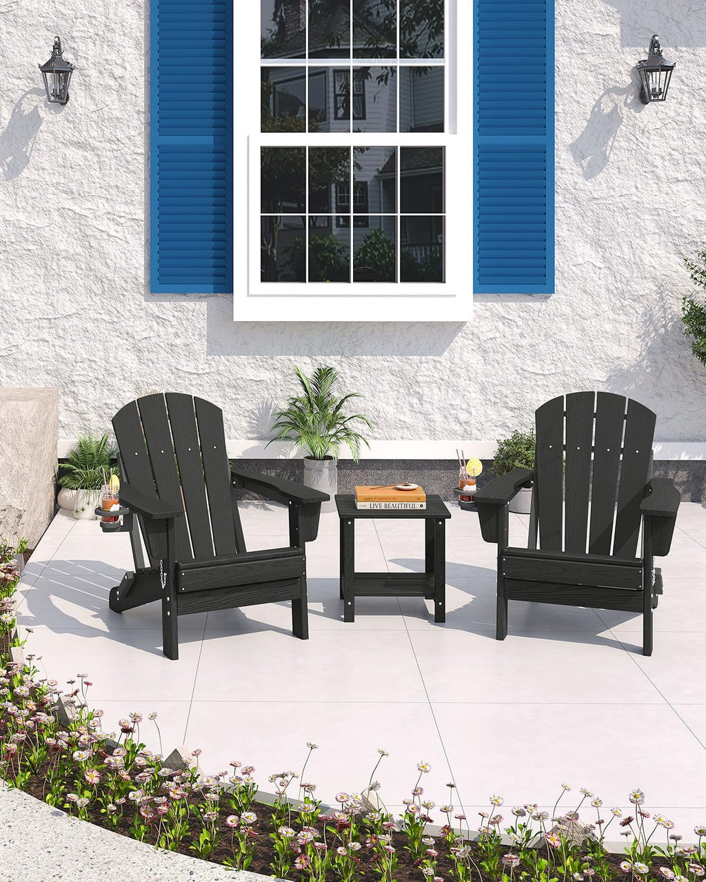 Garvee Folding Adirondack Chair Set of 4, HDPE Outdoor Patio Chair with Cup Holder, All Weather Resistent Wooden Textured for patios, Decks, Gardens, fire Pit, Black