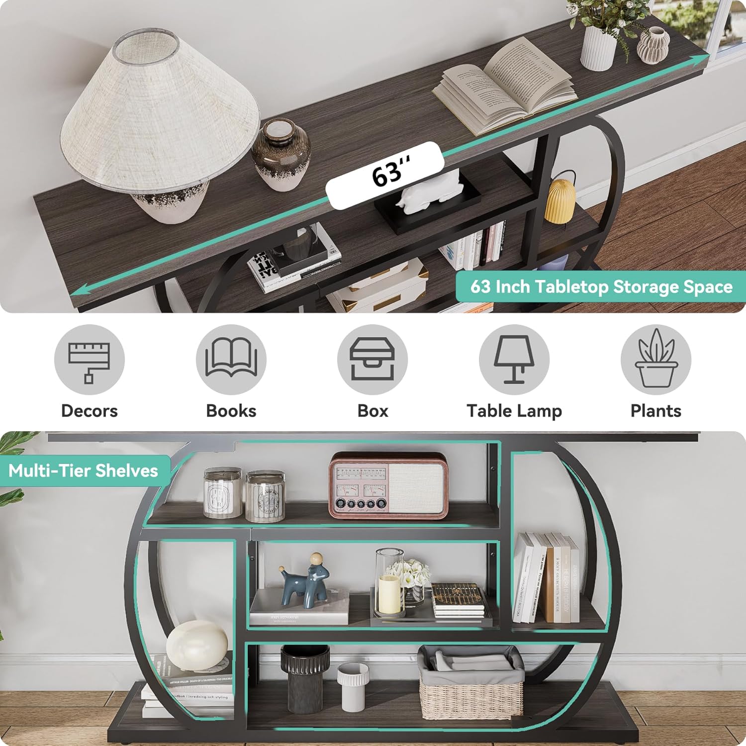 63” Industrial Console Table with 4-Tier Display Shelves, Narrow Long Sofa Table Behind Couch, Entryway/Hallway/Foyer Accent Table with Metal Frame for Living Room (Gray) (Grey)