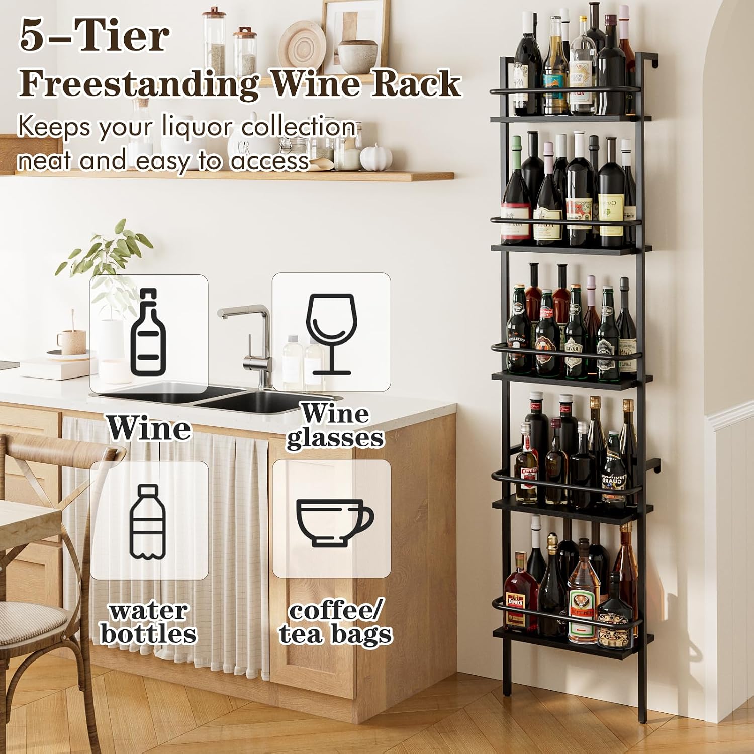5-Tier Wine Rack Wall Mounted, Wine Racks Freestanding Floor with Fences, 50 Bottles Wine Bottle Holder Liquor Cabinet Bar Shelves for Home, Kitchen, Dining Room (Black)