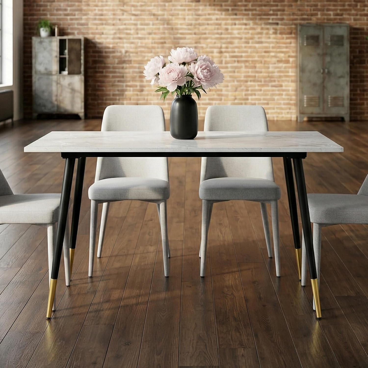 51.18" Rectangular Dining Table, Faux Marble Top Kitchen Table with Metal Frame & Adjustable Feet, Modern Waterproof Scratch-Resistant Table for Dining Room, Living Room & Home Office, Gray White