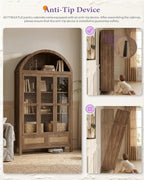 TYBOATLE 75'' Arched Cabinet Classic Farmhouse Design w/Three Glass Doors, Arch Cabinet w/Rattan Drawers and Anti-Tipping Device, Versatile Cupboard for Kitchen, Bathroom, Natural