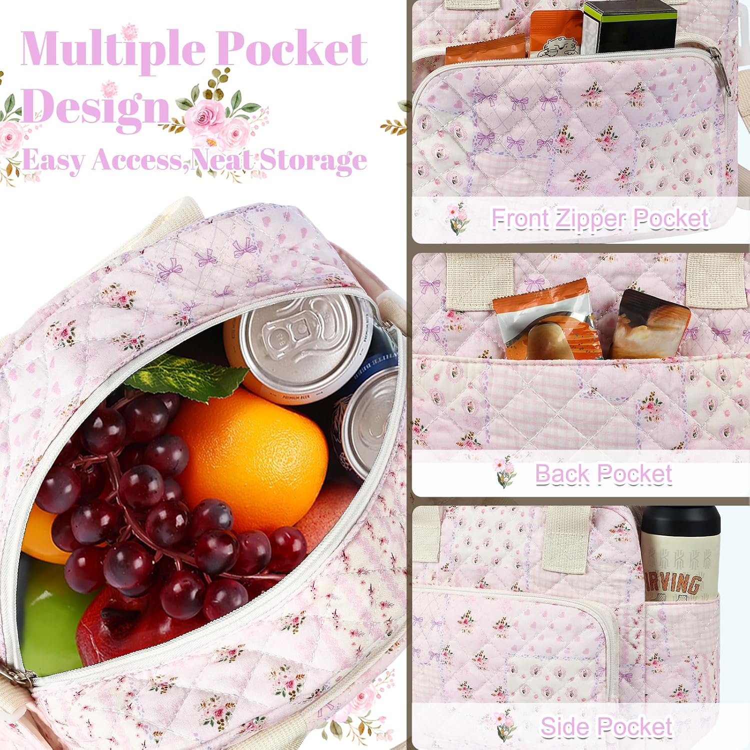 Quilted Lunch Box for Women, Large Insulated Lunch Bag for Adult,Elegant Pink Patchwork Cute Portable Tote Bags for Work Travel Beach Picnic (Purple Patchwork, M)
