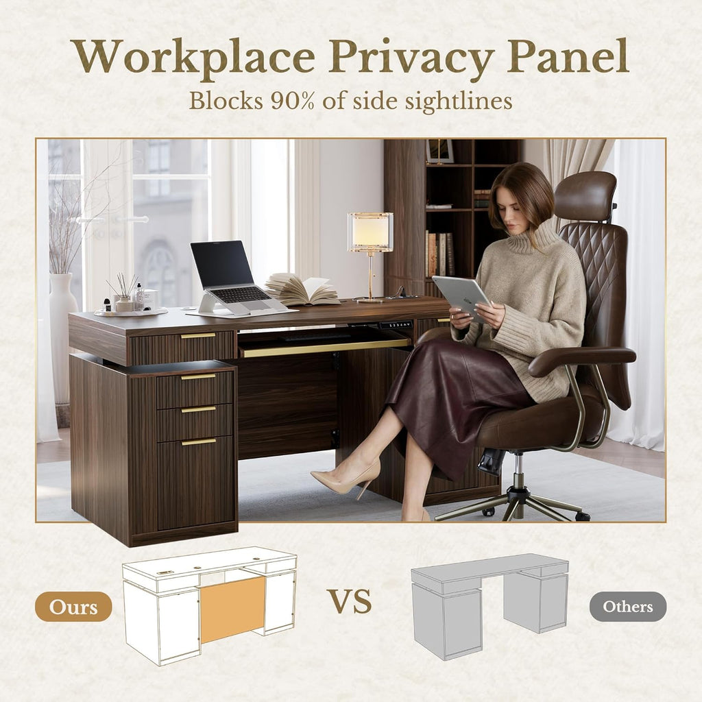 59 Inch Standing Desk with Storage Drawers, Executive Electric Height Adjustable Desk with Keyboard Tray, File Cabinet and AC/USB, Fluted Stand Up Desk with Privacy Panel, Black Walnut