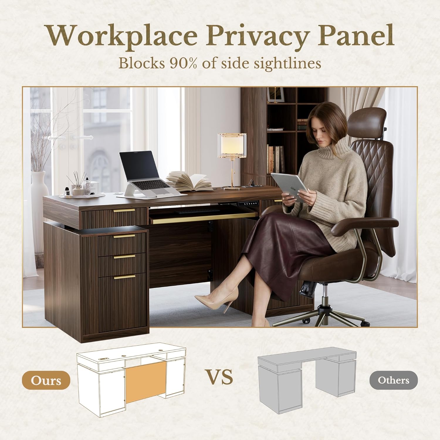 59 Inch Standing Desk with Storage Drawers, Executive Electric Height Adjustable Desk with Keyboard Tray, File Cabinet and AC/USB, Fluted Stand Up Desk with Privacy Panel, Black Walnut