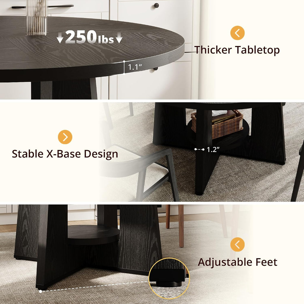 Black Round Dining Table for 4-6, 47 Inch Black Kitchen Table with Storage Shelf & Wood Pedestal Base, Modern Circle Dining Room Table for Small Apartment, Home Office, Living Room