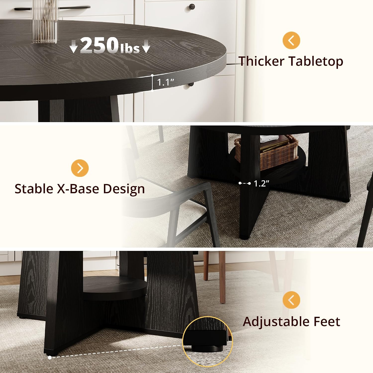 Black Round Dining Table for 4-6, 47 Inch Black Kitchen Table with Storage Shelf & Wood Pedestal Base, Modern Circle Dining Room Table for Small Apartment, Home Office, Living Room