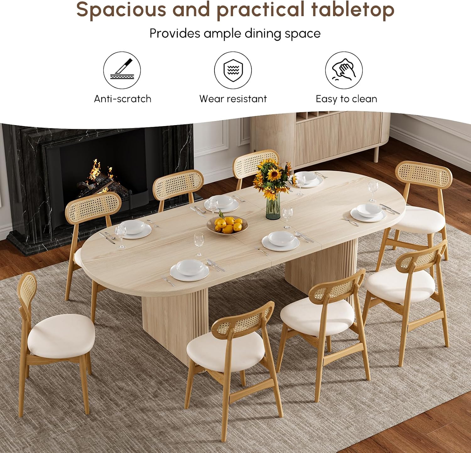 homary Oval Extendable Dining Table 79"–94", Japandi Wooden Dining Table for 6–10, Solid Wood Kitchen & Dining Room Table with Double Pedestal Base (Table Only)
