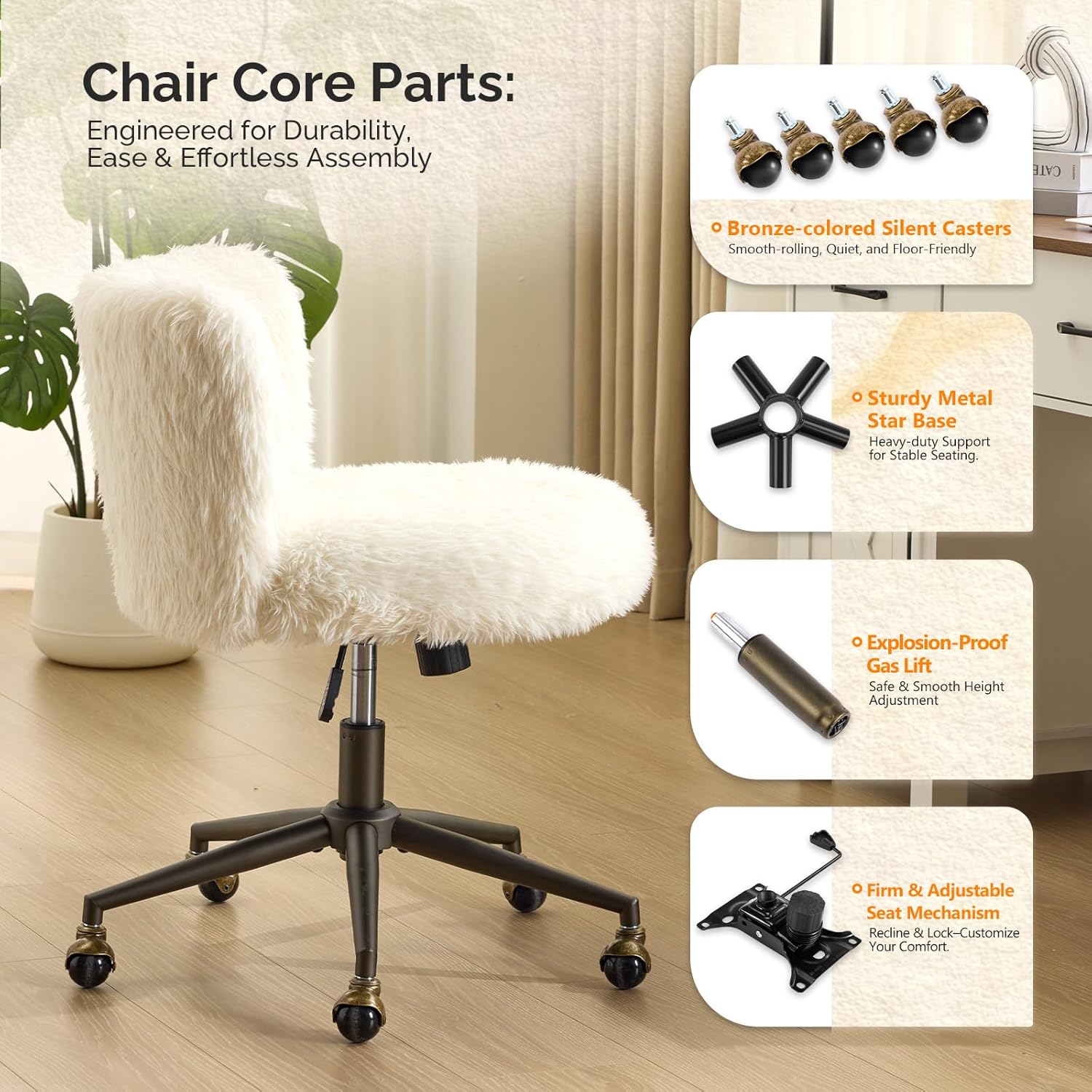 VINGLI Plush Upholstery Vanity Desk Chair with Curved Back & 90-102° Tilt &Adjustable Height, Cute Rolling Chair with Bronze Base & Golden-Bronze 360° Swivel Wheels for Makeup &Home Office,White Cream