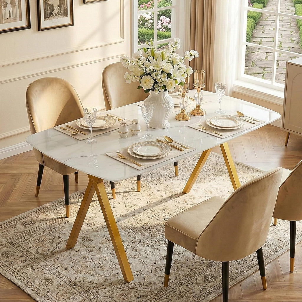 Modern Rectangular Tempered Glass Dining Table for 6, Marble Patterned Glass Top with Metal Legs, Glass Dining Table for Kitchen Living Room (White, Support Legs)