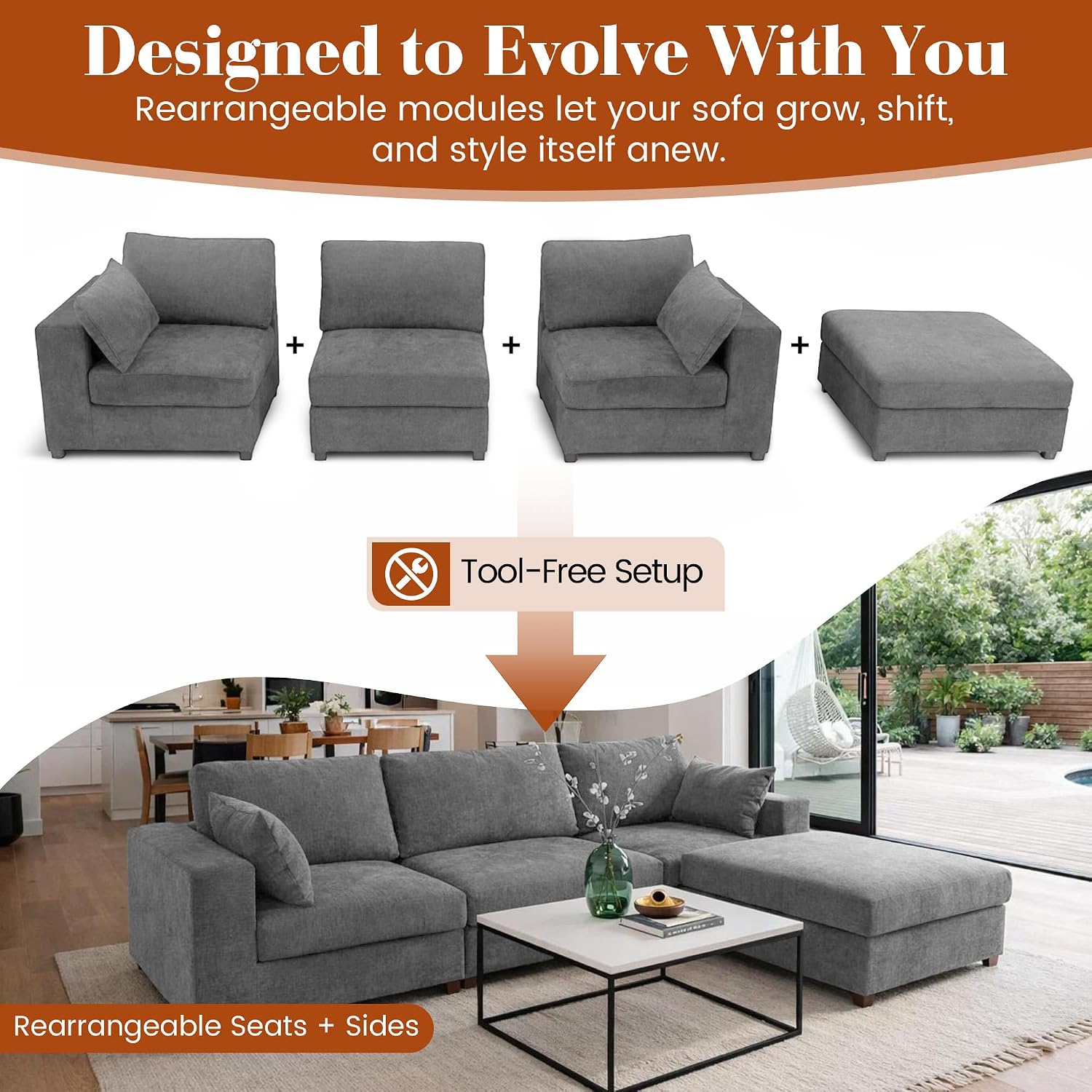 113" Oversized Sectional Sofa Set, Extra Large Modular Couch with Ottoman, Upholstered Chenille Cloud Couch Deep Seat Sofa Cushion Covers Removable for Living Room (4 Seater L Shaped Light Grey)