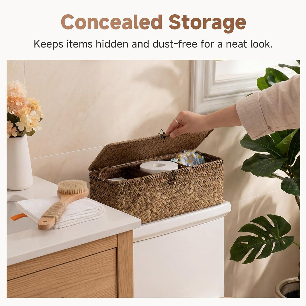 StorageWorks Toilet Paper Storage Basket with Lid, Large Wicker Baskets with 3 Compartments, Seagrass Back of Toilet Basket for Tank Topper, Shelves Organizer, 16½"x 5½"x 5½, 1-Pack