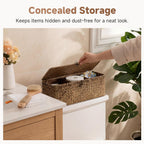 StorageWorks Toilet Paper Storage Basket with Lid, Large Wicker Baskets with 3 Compartments, Seagrass Back of Toilet Basket for Tank Topper, Shelves Organizer, 16½"x 5½"x 5½, 1-Pack