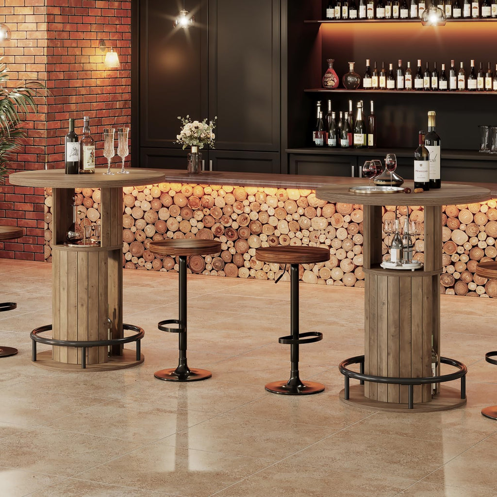 HSH Round Bar Table, 39.4" H Wood Pub Table with Storage & Metal Footrest, Modern Industrial Bar Height Bistro Cocktail Table for Coffee Bar, Kitchen Dining Room, Small Space, Rustic Oak, 2PCS