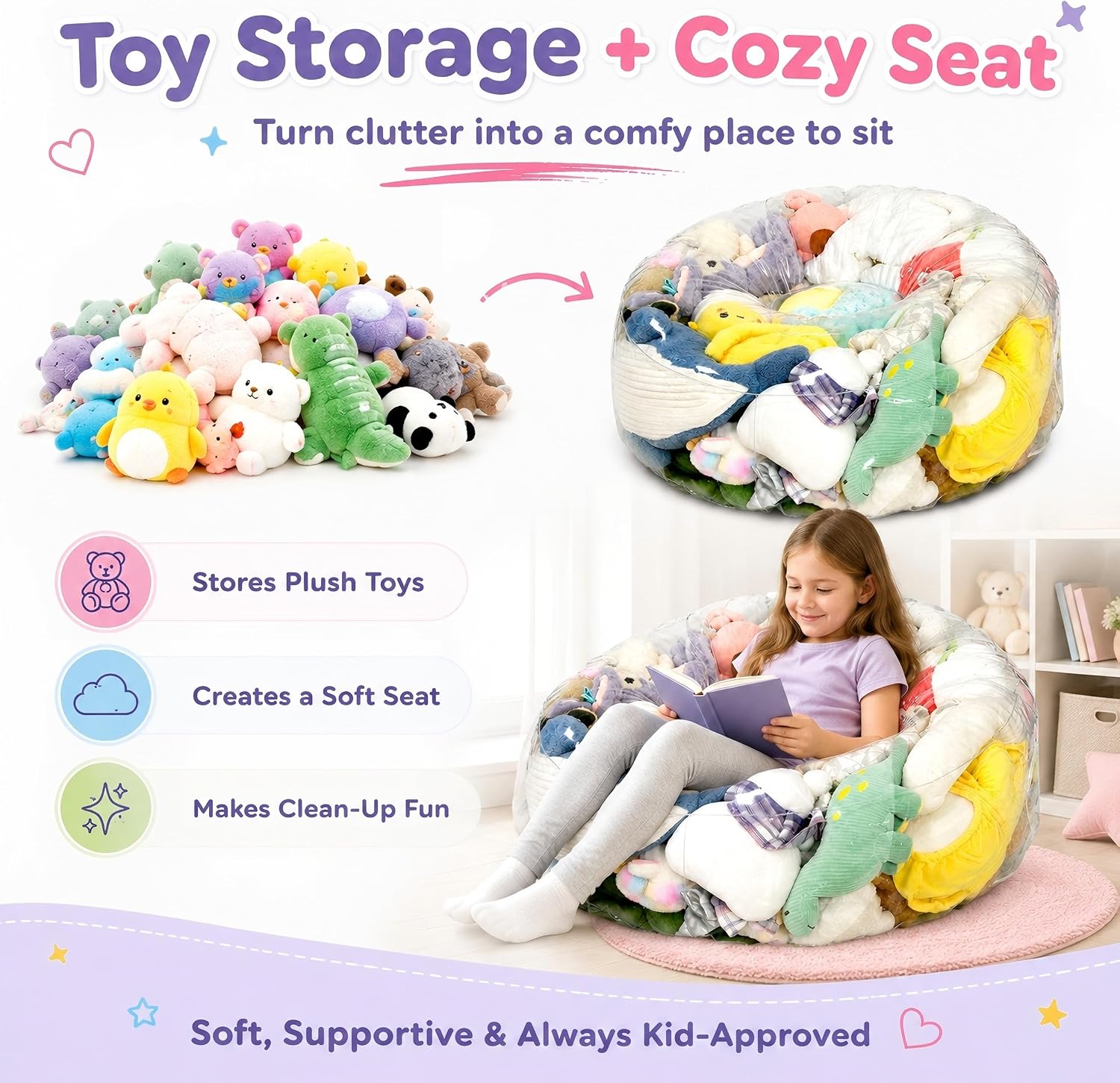 Clear Stuffed Animal Storage Bean Bag Chair Cover for Kids with Zipper | Transparent Waterparoof, Wipe Clean Thicker PVC, Holds 50+ Stuffed Animals, Double Zipper for Plush Toys Storage & Organizing