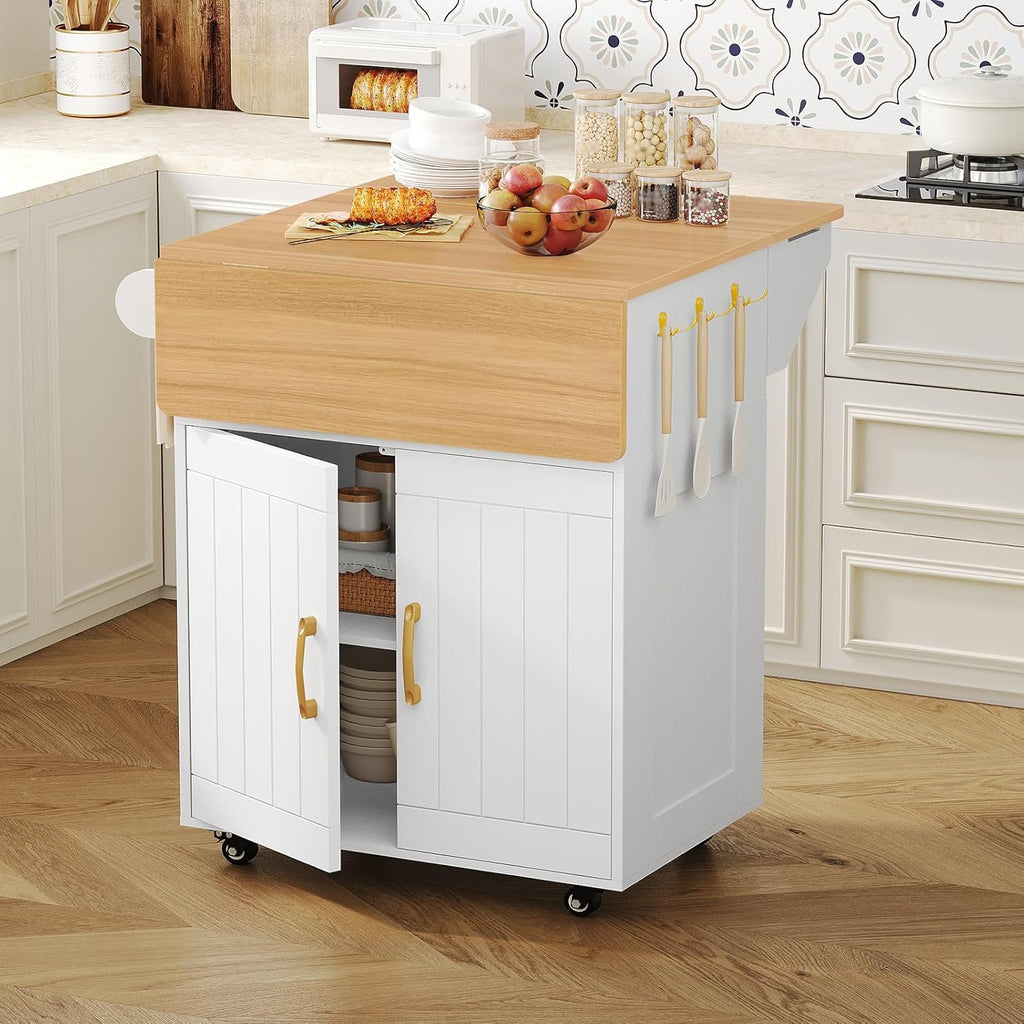 MAHANCRIS Kitchen Island on Wheels, Rolling Island Cart with Drop Leaf, Mobile Kitchen Island with Storage, Kitchen Island Table with Adjustable Shelf and Hooks, for Kitchen White and Natural KIBN9801