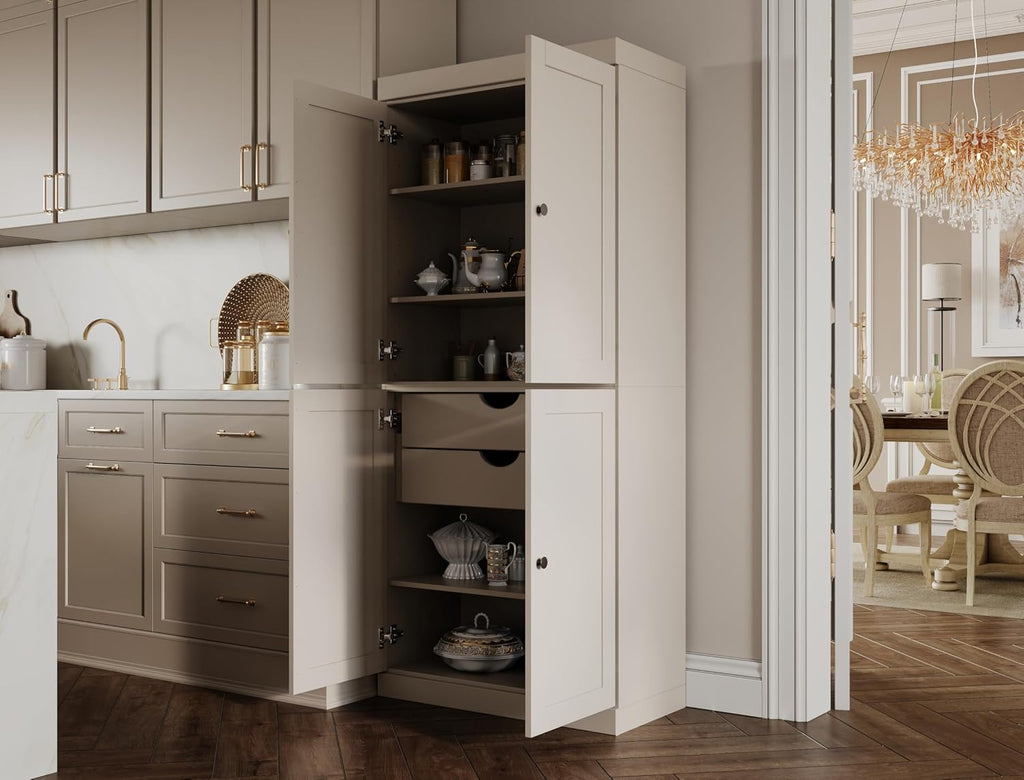 Palace Imports Solid Wood Kitchen Pantry Cabinet - 71.5" Tall x 32" Wide - Wooden Storage Cabinet with 4 Shaker Doors, 2 Drawers & 4 Adjustable Shelves, Beige, 100% Eco-Friendly Wood, Made in Brazil