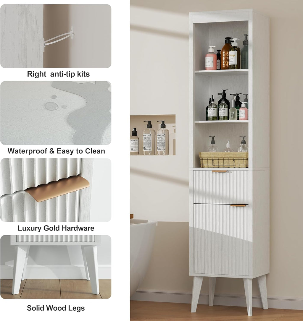 70-Inch Height Storage Cabinet with Fluted Doors, White Freestanding Modern Accent Floor Organizer for Kitchen, Pantry and Bathroom, w/Drawer & Adjustable Shelves