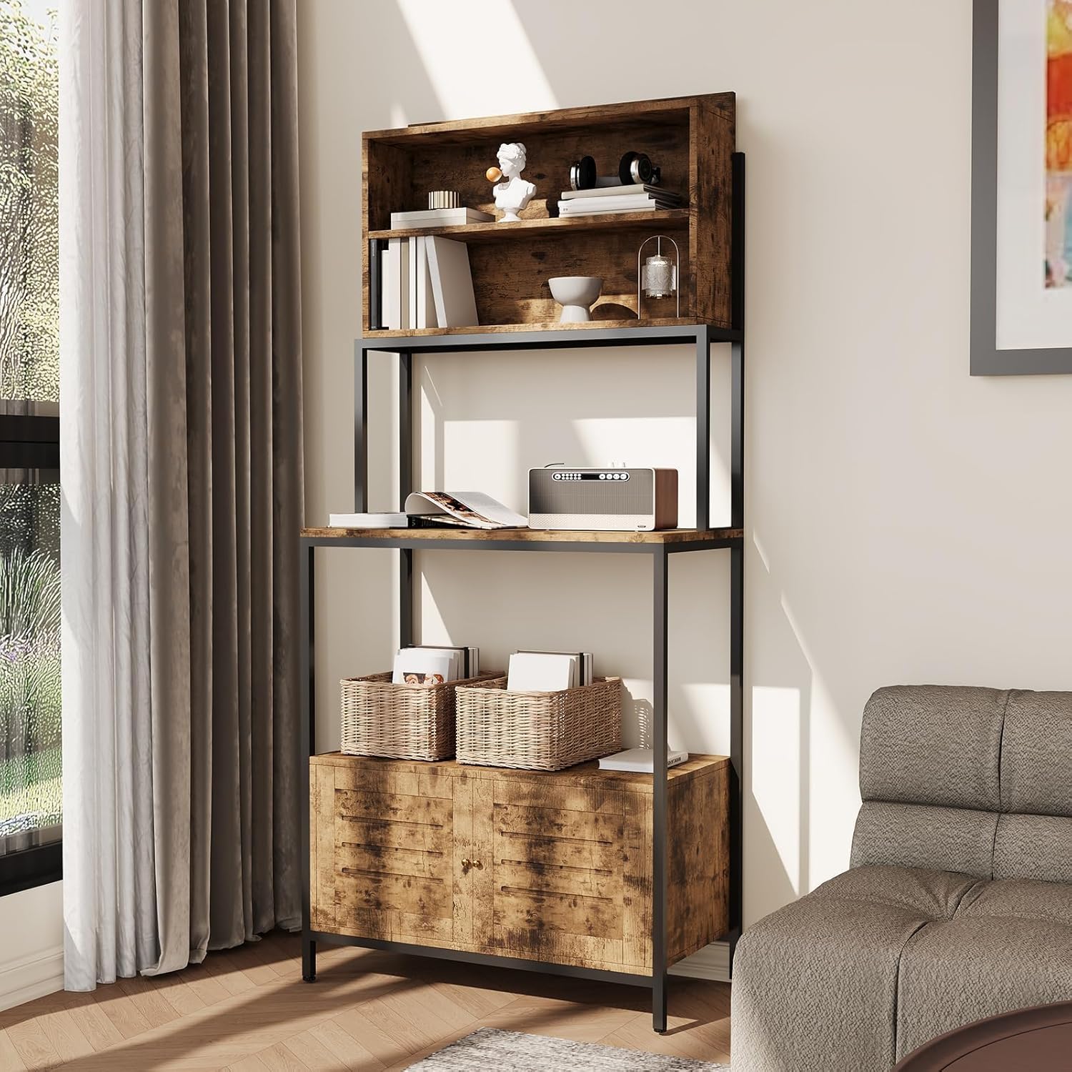 Garvee Bakers Rack with Storage Cabinet, 68" Industrial 6-Tier Kitchen Storage Shelf with Cabinet,Microwave Stand,Shelves,Freestanding Coffee Bar for Pots, Spices & Kitchen Essentials