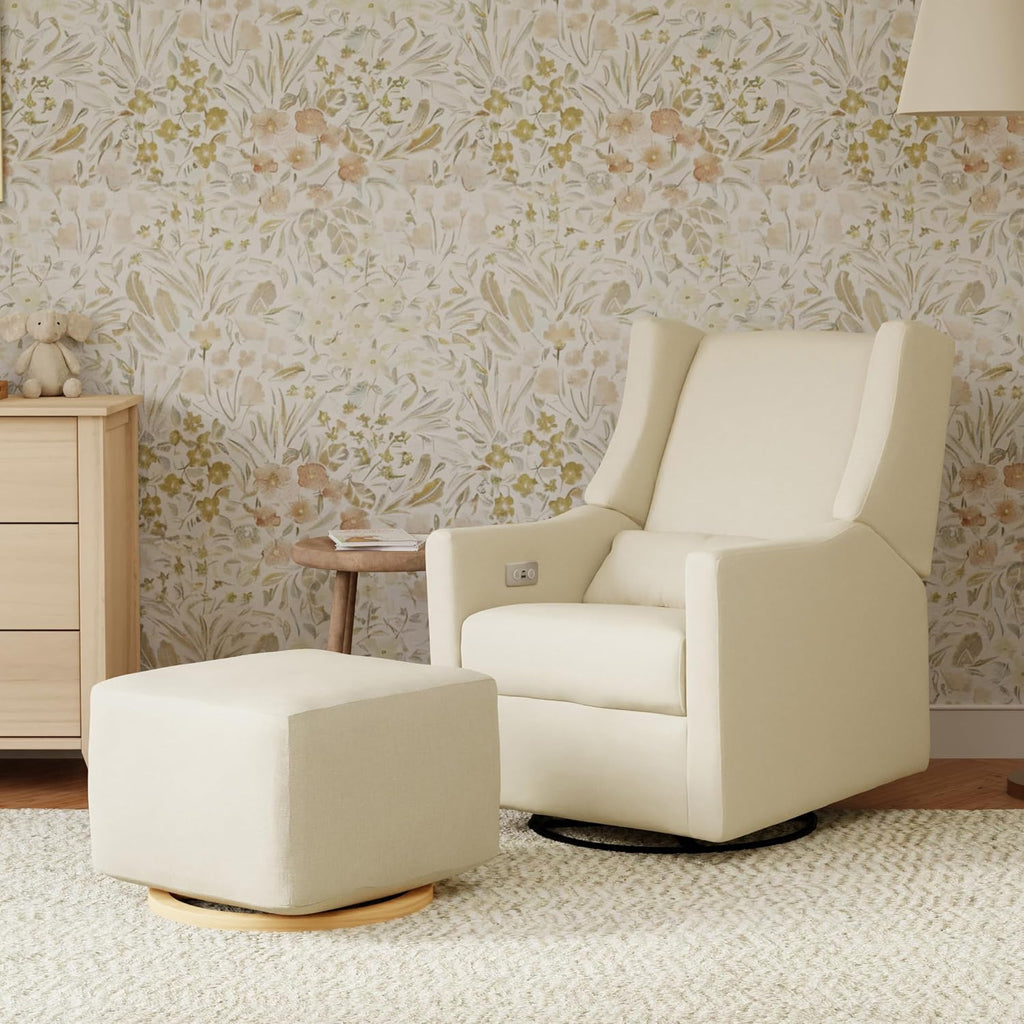 Babyletto Kiwi Gliding Ottoman in Performance Cream Eco-Weave with Light Wood Base, Water Repellent & Stain Resistant, Greenguard Gold and CertiPUR-US Certified