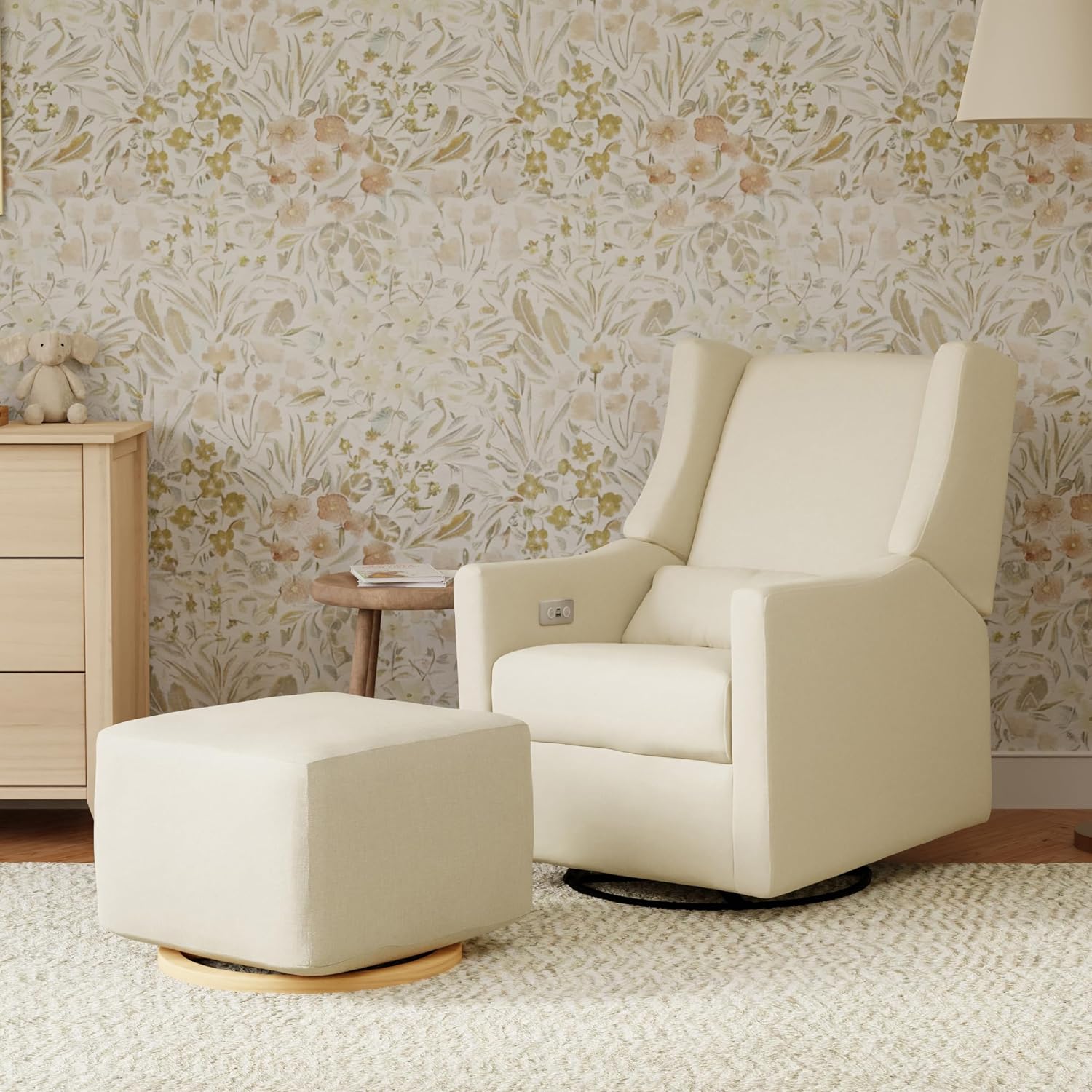 Babyletto Kiwi Gliding Ottoman in Performance Cream Eco-Weave with Light Wood Base, Water Repellent & Stain Resistant, Greenguard Gold and CertiPUR-US Certified