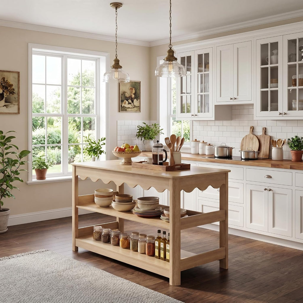 LITTLE TREE 59-Inch Kitchen Island with Seating and Storage, Large Farmhouse Stationary Island Table with Large Worktop, 3-Tier Open Shelves & Leg Room, Light Oak Kitchen Prep Station, Breakfast Bar