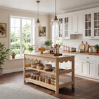 LITTLE TREE 59-Inch Kitchen Island with Seating and Storage, Large Farmhouse Stationary Island Table with Large Worktop, 3-Tier Open Shelves & Leg Room, Light Oak Kitchen Prep Station, Breakfast Bar