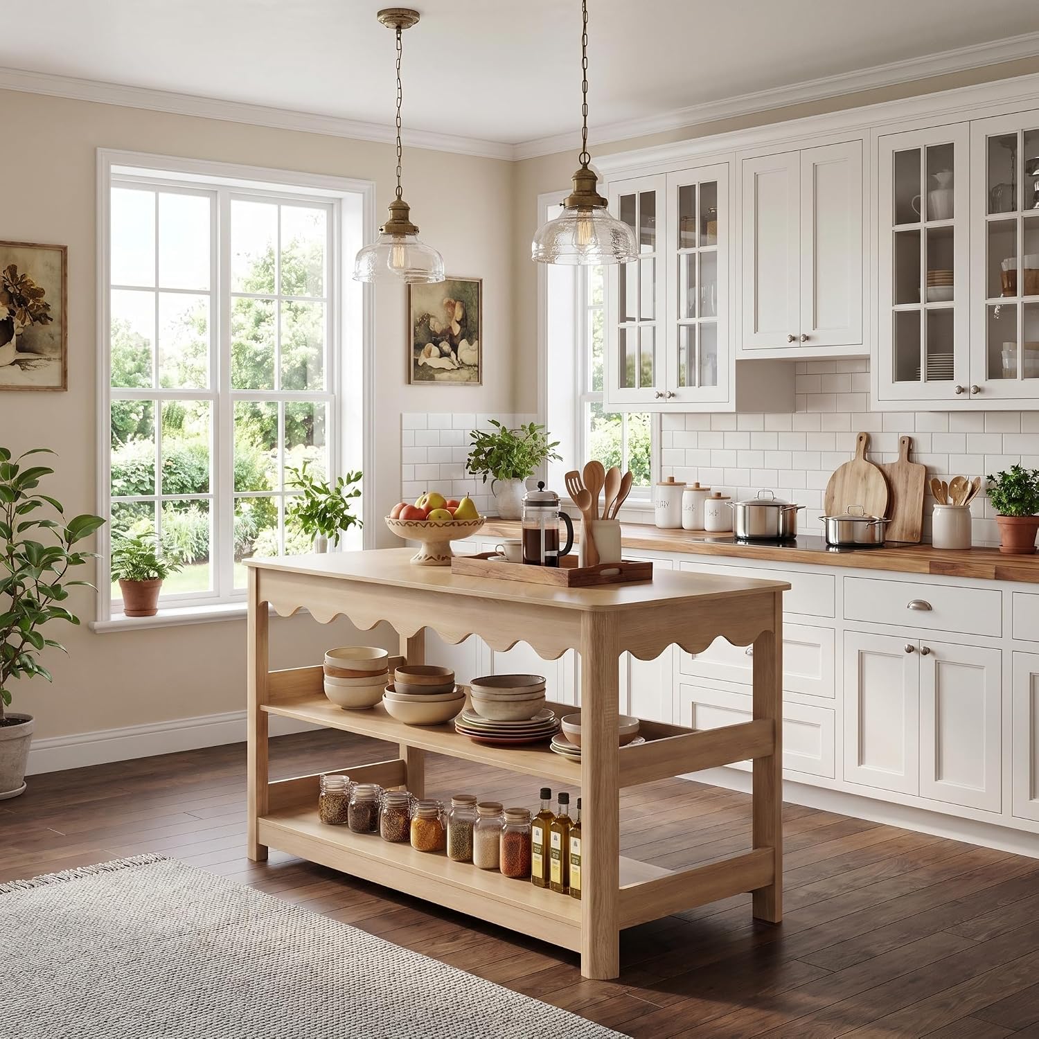 LITTLE TREE 59-Inch Kitchen Island with Seating and Storage, Large Farmhouse Stationary Island Table with Large Worktop, 3-Tier Open Shelves & Leg Room, Light Oak Kitchen Prep Station, Breakfast Bar