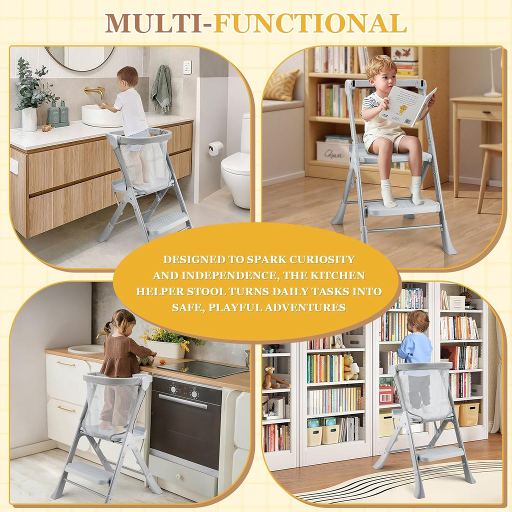 Toddler Tower with Safety Net, 2-Steps Step Stool Standing Tower with Anti-Drop Safty Railing for Kitchen Counter Bathroom Sink Learning, Kitchen Helper for Kids Ages 3 to 6 Years
