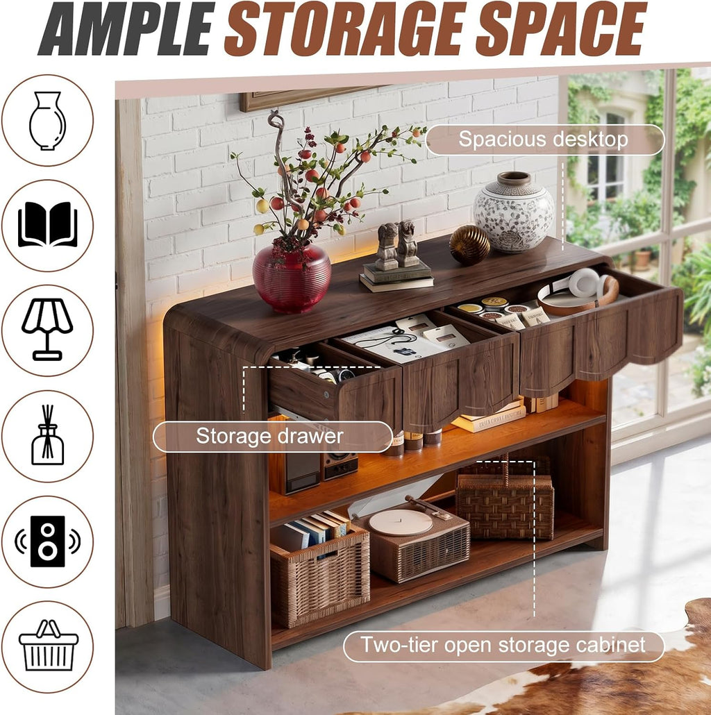 PAKASEPT Retro Entryway Table with RGB LED Lights, 43" Walnut Console Table with 3 Drawers & 2 Open Storage Shelves, Mid-Century Modern Hallway Accent Tables Behind Couch Table for Living Room