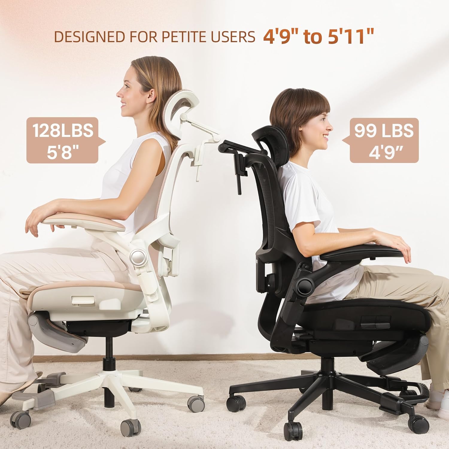 CabLady S2 Petite Office Chair for Women & Small Frames - 330lb Capacity, 4D Adjustable Lumbar/Headrest, Flip-Up Arms & Footrest, Ergonomic Desk Chair