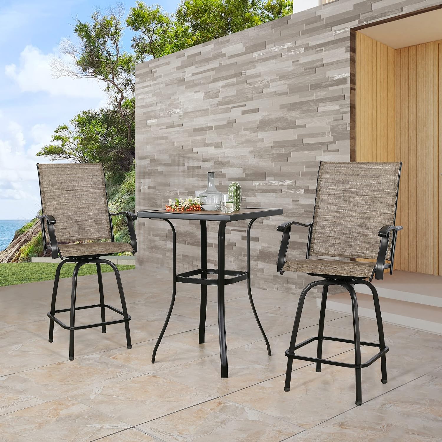 Patio Bar Stools, Outdoor Swivel Bar Height Chairs with Textilene Mesh Fabric, Set of 2