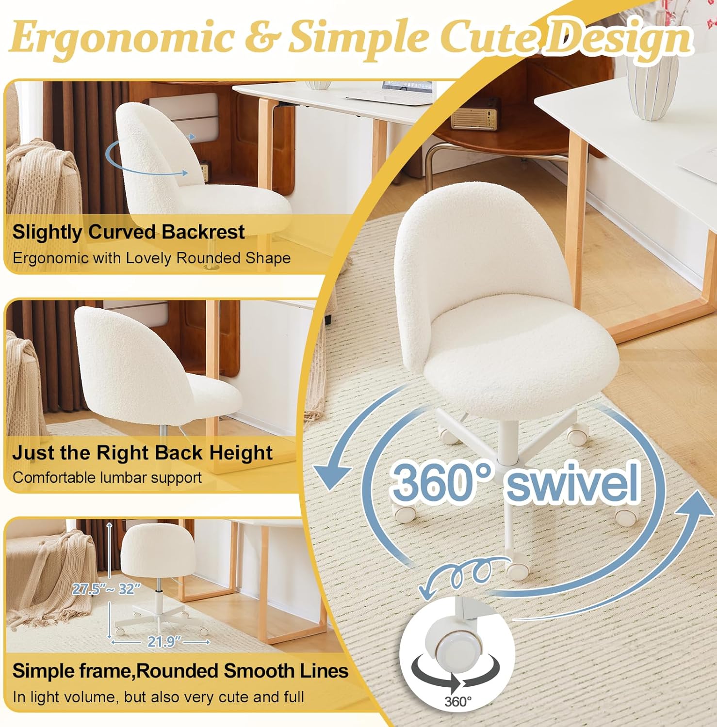 VINGLI Modern Vanity Chair with Back, Velvet Desk Chair for Girls, Small Office Chair with Silent Wheels， Stylish and Comfortable, White