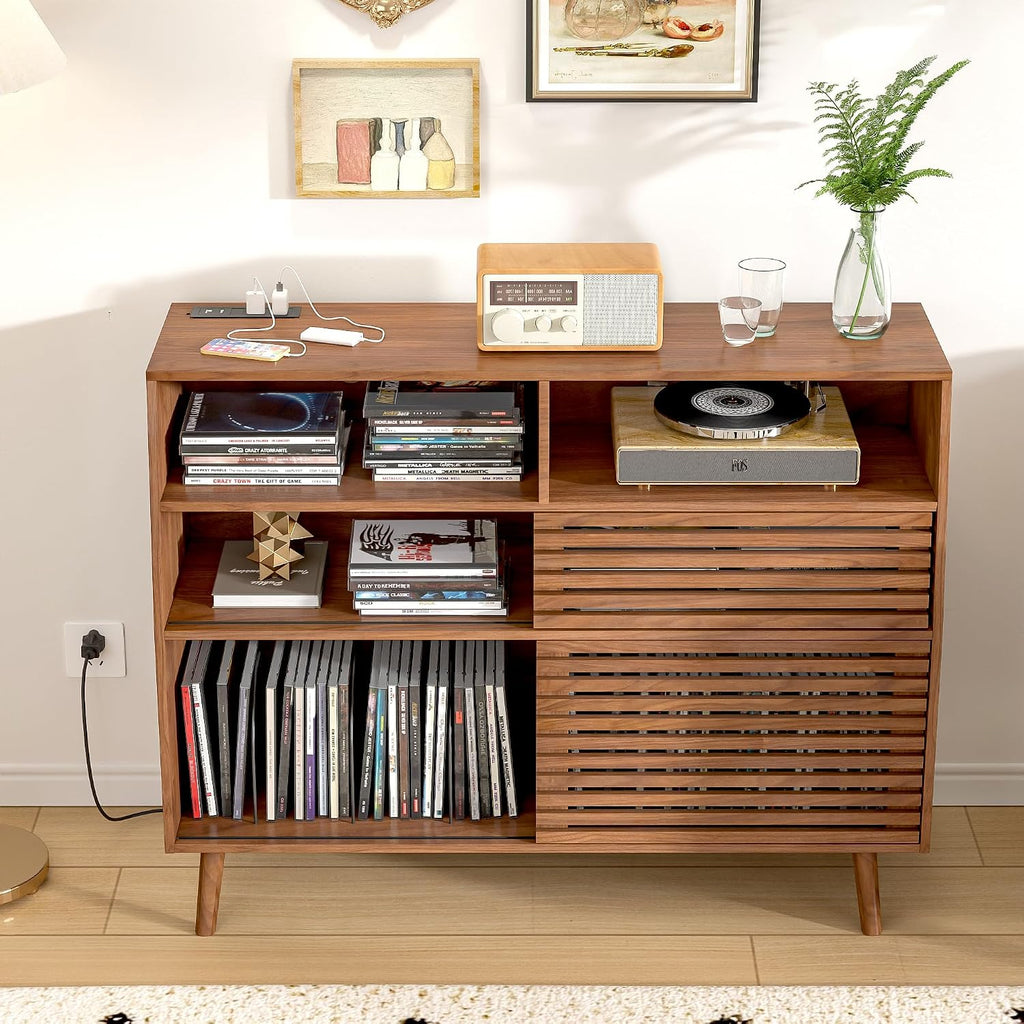 Mid Century Record Player Stand, Large Vinyl Turntable Console with Doors, Charging Station, 451 Albums Capacity Media Storage Shelf, Entertainment Center for Living Room, Bedroom, Walnut