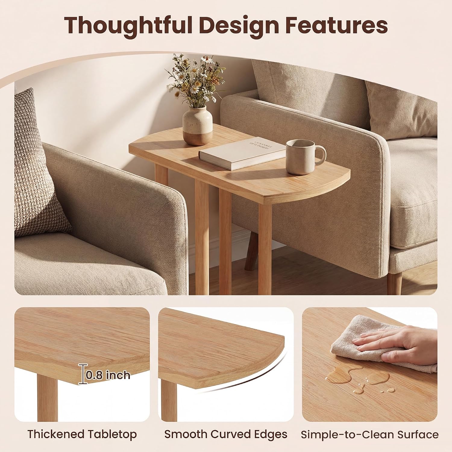 COSTWAY Solid Teak C-Shaped Side Table, Natural Slim 2-Tier End Table with Thick Top & Stable Base, Space-Saving Couch Table for Living Room Bedroom Small Spaces (1)