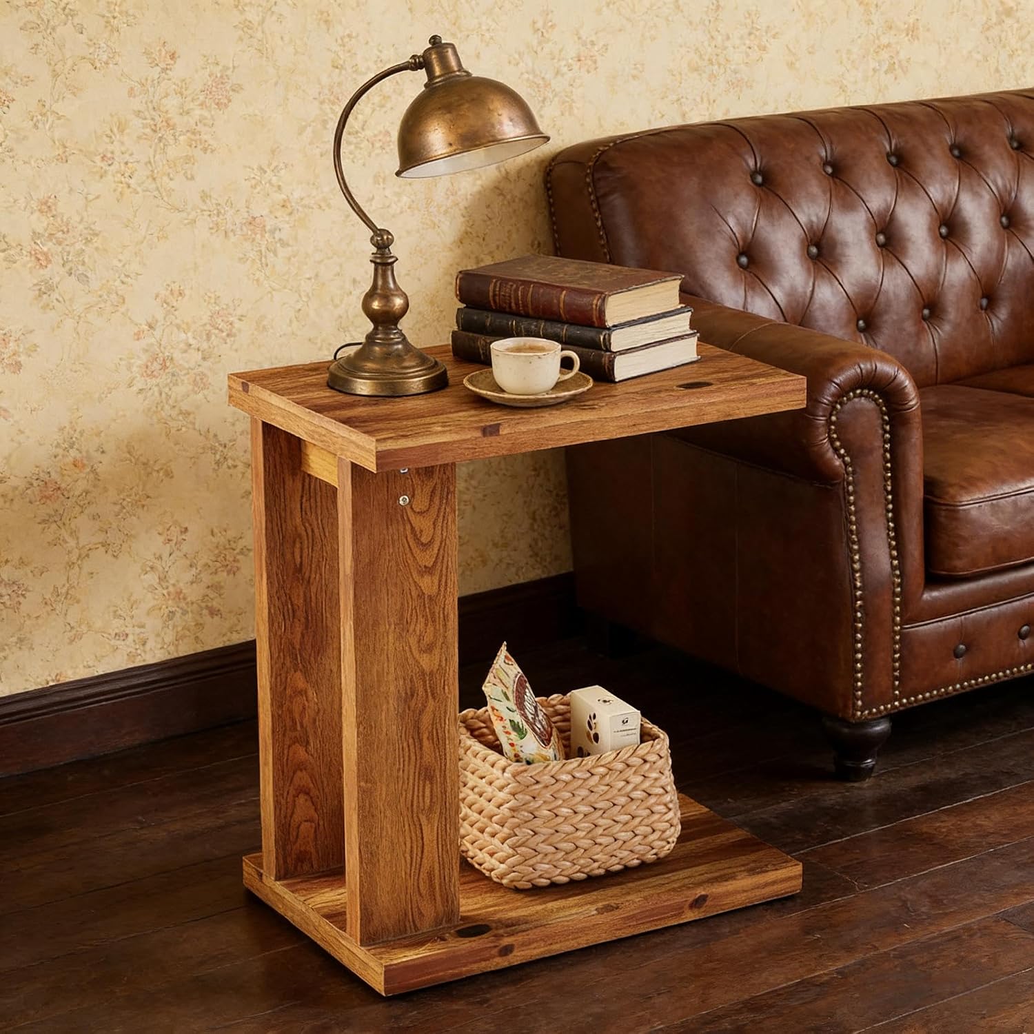 Rustic Farmhouse Side Table, C-Shaped Solid Wood End Table with Natural Wood Grain, 23.6" H Bedside Tables Nightstand for Living Room, Bedroom, Brown