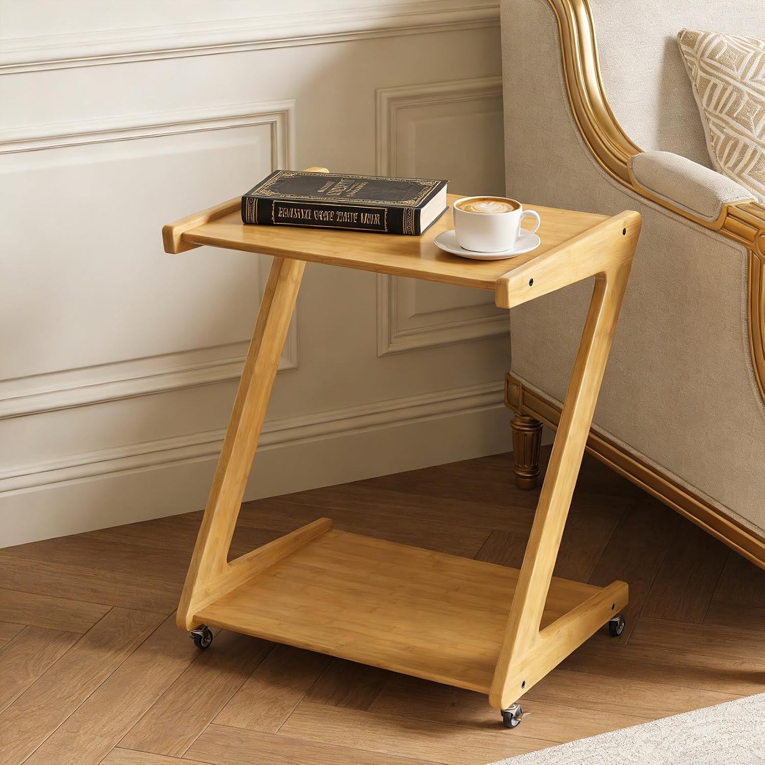 Bamboo Rolling Side Table with Wheels, Z Shaped Wooden Tv Tray Table for Living Room and Sofa Couch, Movable Dinner Laptop Coffee Snack Tray