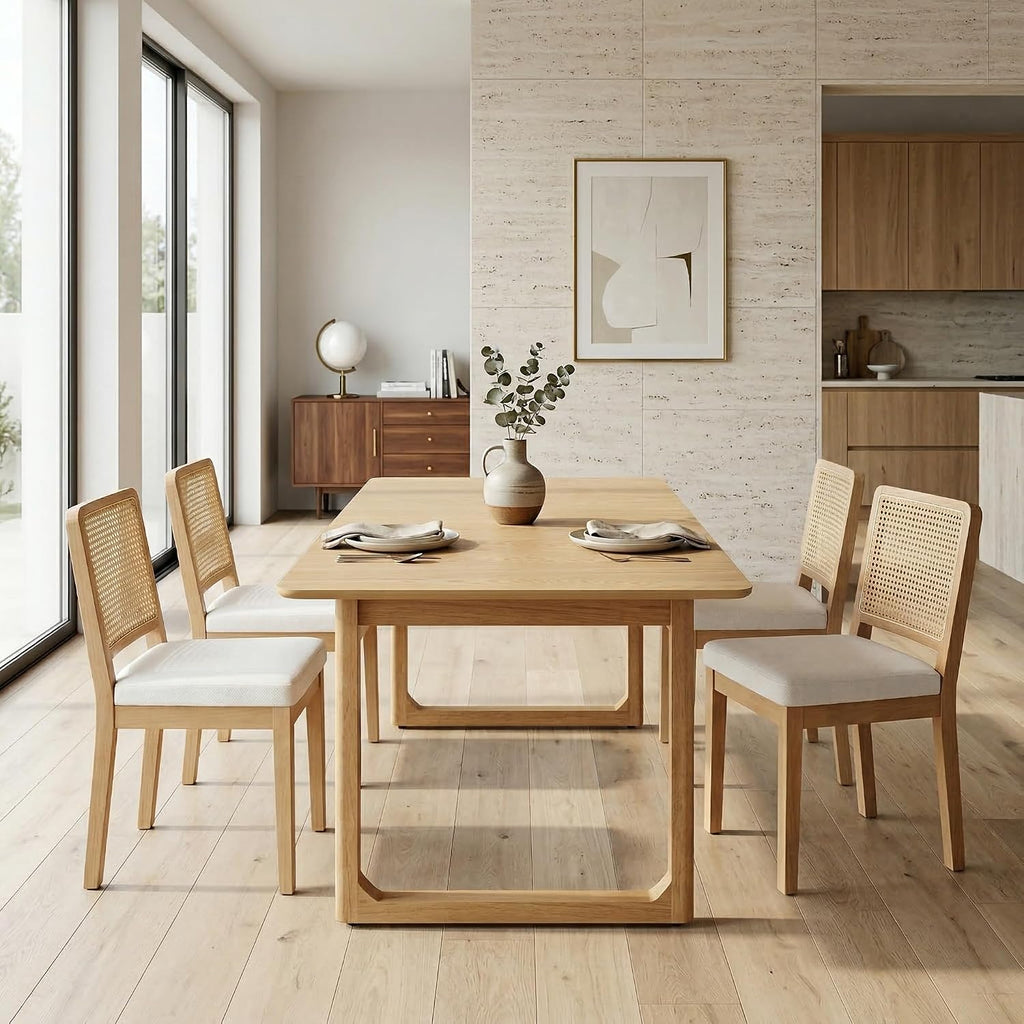 HNY Modern Farmhouse Rattan Dining Chairs Set of 4 Beige Chenille Upholstered Dining Room Chair with Cane Back Mid Century Natural Wood Kitchen Chairs, Boho Accent Wicker Woven Chairs for Living Room