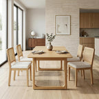HNY Modern Farmhouse Rattan Dining Chairs Set of 4 Beige Chenille Upholstered Dining Room Chair with Cane Back Mid Century Natural Wood Kitchen Chairs, Boho Accent Wicker Woven Chairs for Living Room