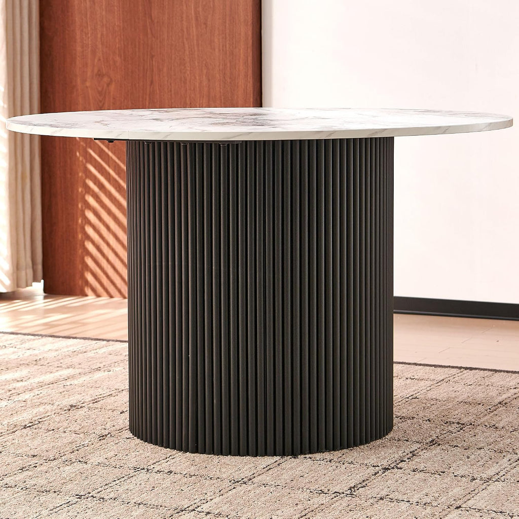 NORDICANA 47 Inch Round Dining Table, Modern Kitchen Dinner Table for 4–6 People, MDF Core, Two-Part Wood Table Top White with Black Strip Columns Base, Table only
